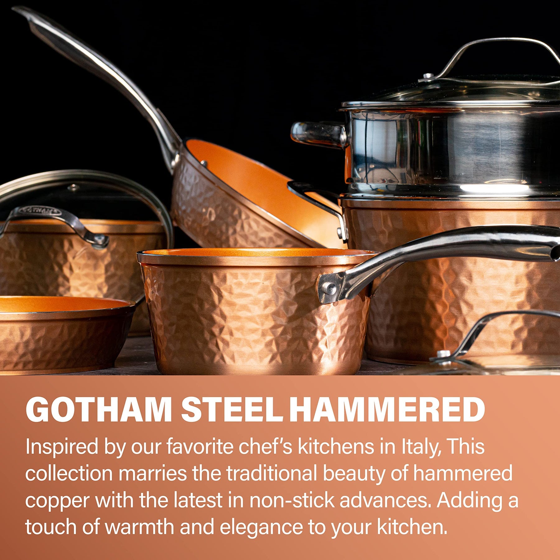 Gotham Steel Hammered 15 Pc Ceramic Pots and Pans Set Non Stick Cookware Set, Kitchen Cookware Sets, Ceramic Cookware Set with Non Toxic Cookware, Copper Pot and Pan Set, Oven & Dishwasher Safe