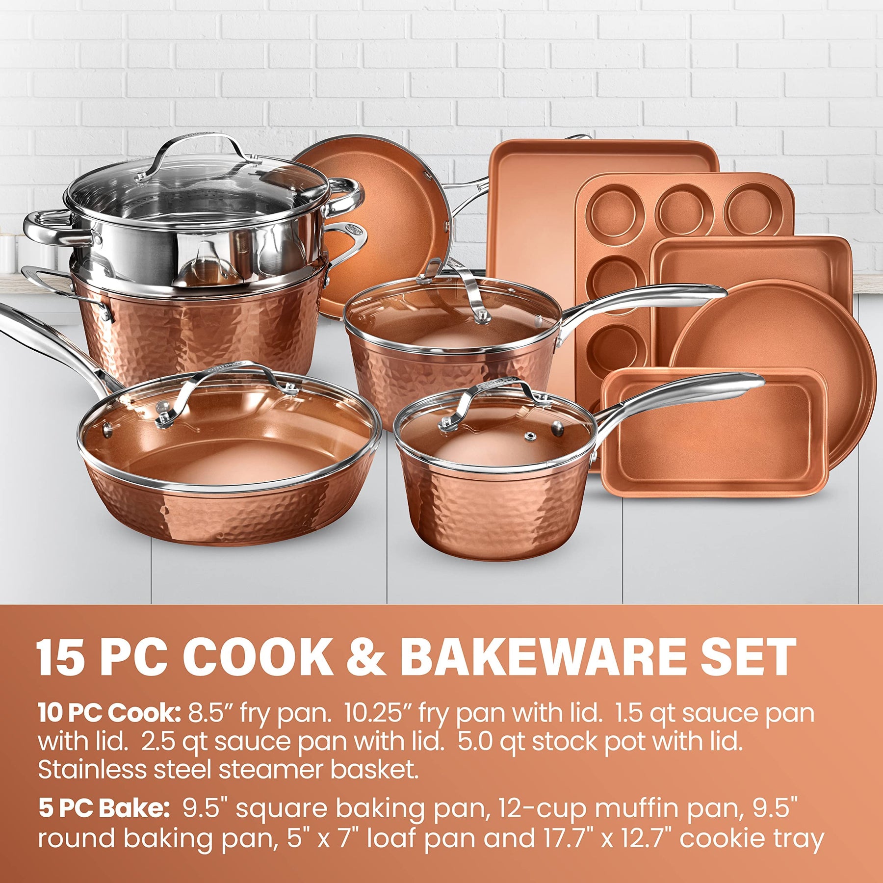 Gotham Steel Hammered 15 Pc Ceramic Pots and Pans Set Non Stick Cookware Set, Kitchen Cookware Sets, Ceramic Cookware Set with Non Toxic Cookware, Copper Pot and Pan Set, Oven & Dishwasher Safe