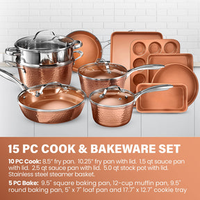 Gotham Steel Hammered 15 Pc Ceramic Pots and Pans Set Non Stick Cookware Set, Kitchen Cookware Sets, Ceramic Cookware Set with Non Toxic Cookware, Copper Pot and Pan Set, Oven & Dishwasher Safe