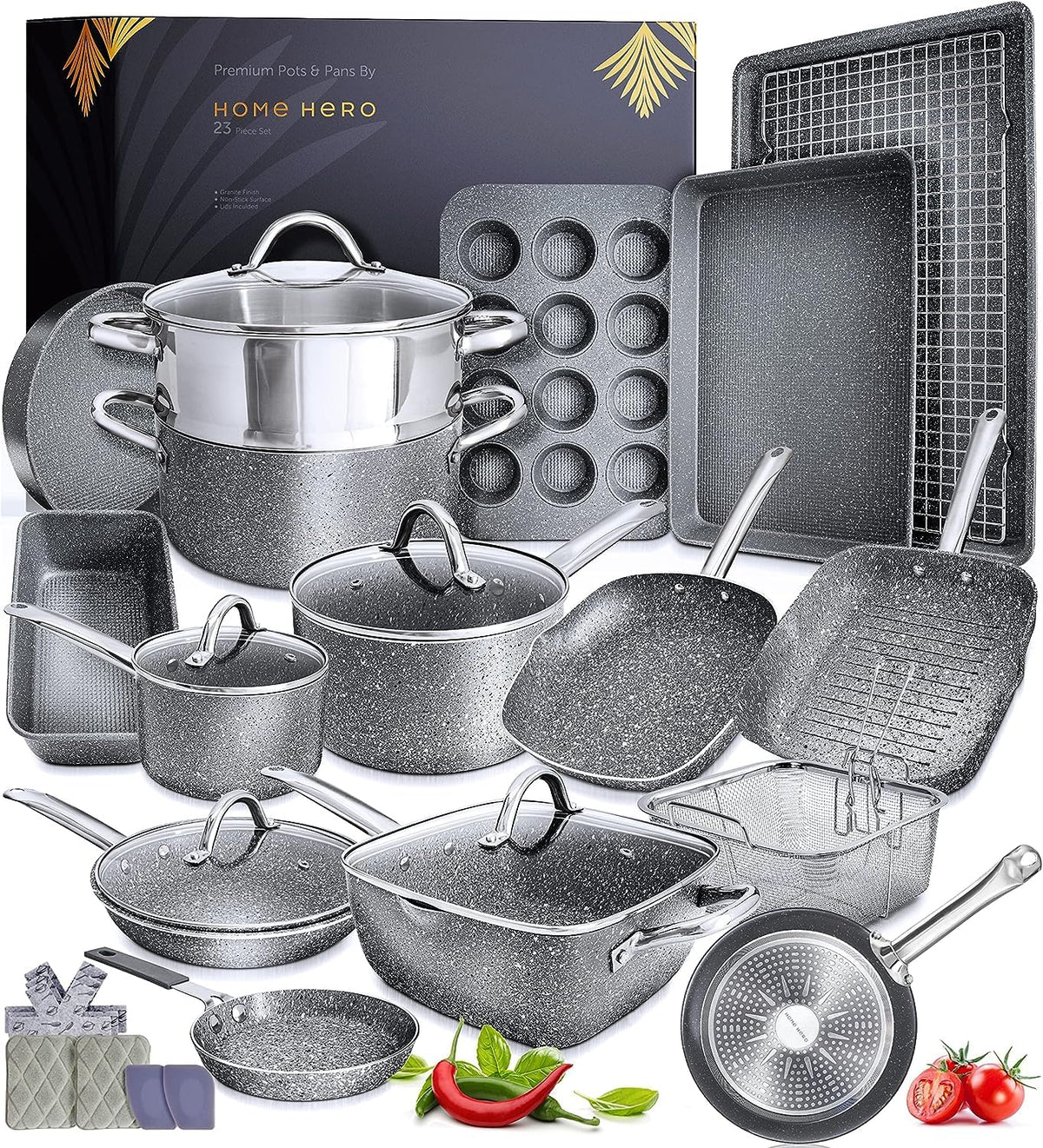 Home Hero 23 Pcs Pots and Pans Set Non Stick - Induction Compatible Kitchen Cookware Sets + Bakeware Sets - Non Stick, PFOA Free, Oven Safe Pot and Pan Set Nonstick (23 Pcs - Granite)