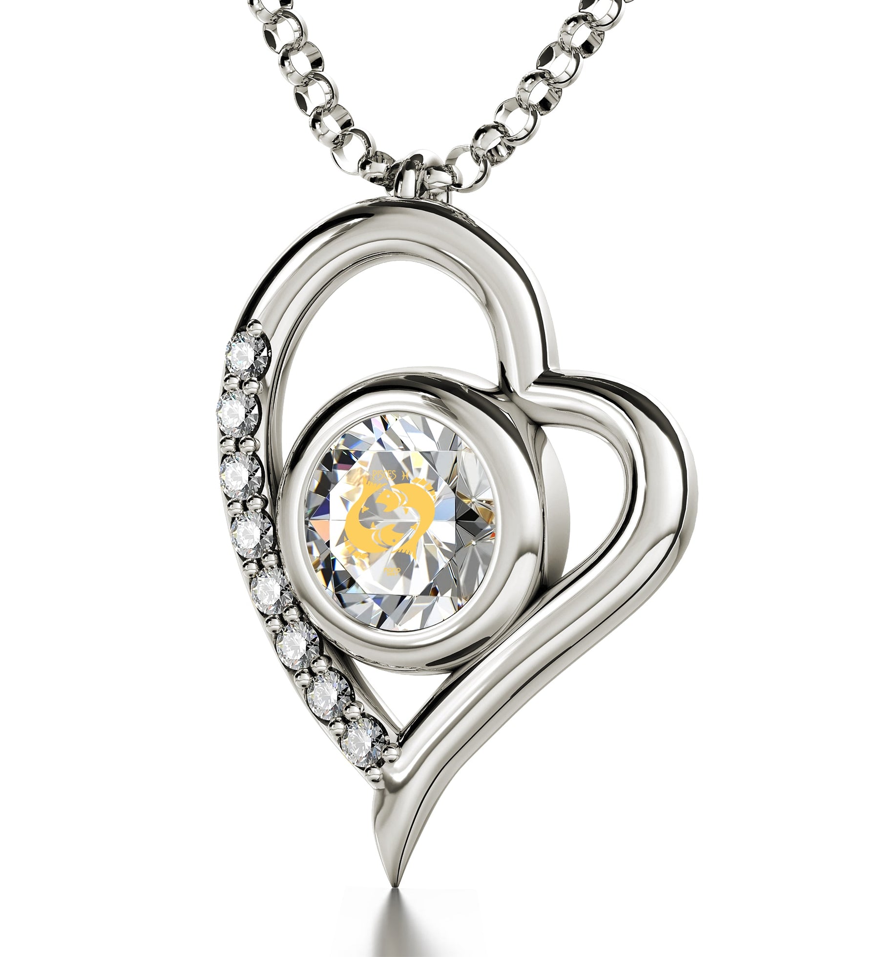 925 Sterling Silver Zodiac Heart Pendant Pisces Necklace 24k Gold Inscribed on Crystal