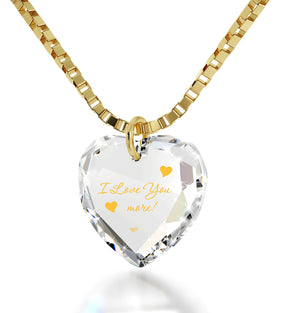 I Love You More Necklace 24k Gold Inscribed Tiny Crystal Swarovski Heart Pendant