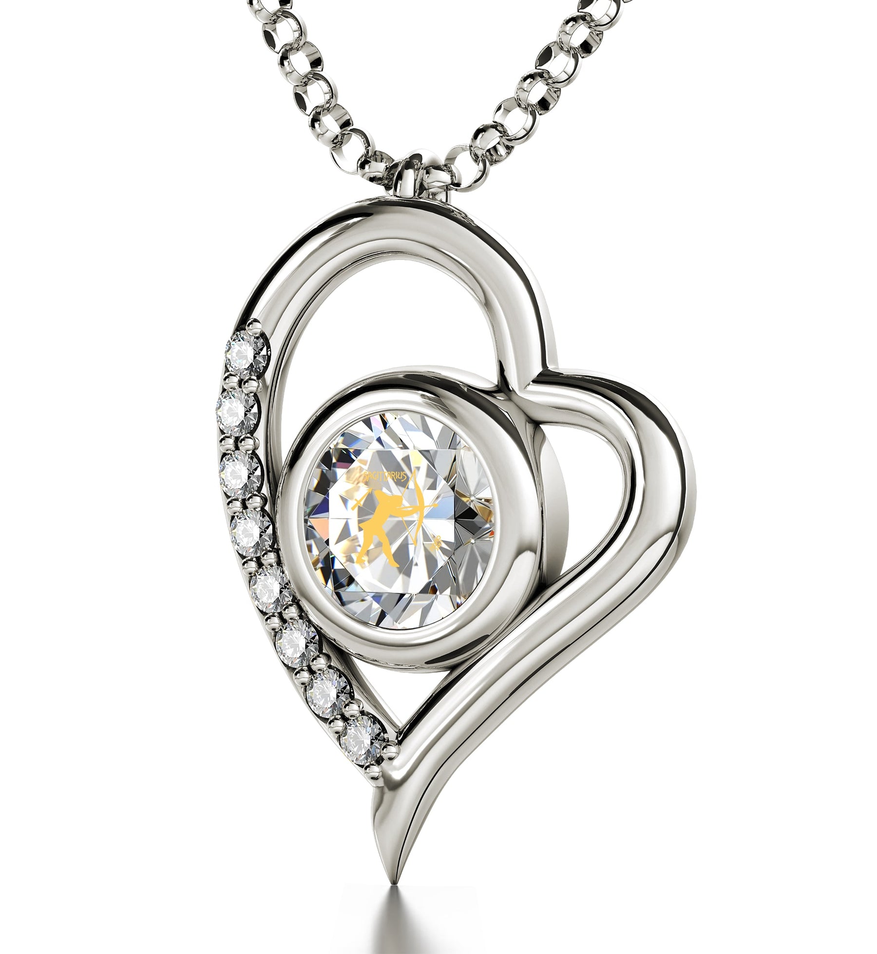 925 Sterling Silver Sagittarius Necklace Zodiac Heart Pendant 24k Gold Inscribed on Crystal