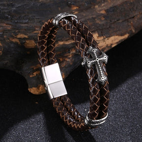 Luxury Multicolor Cross Design Stainless Steel Leather Bangle Bracelet