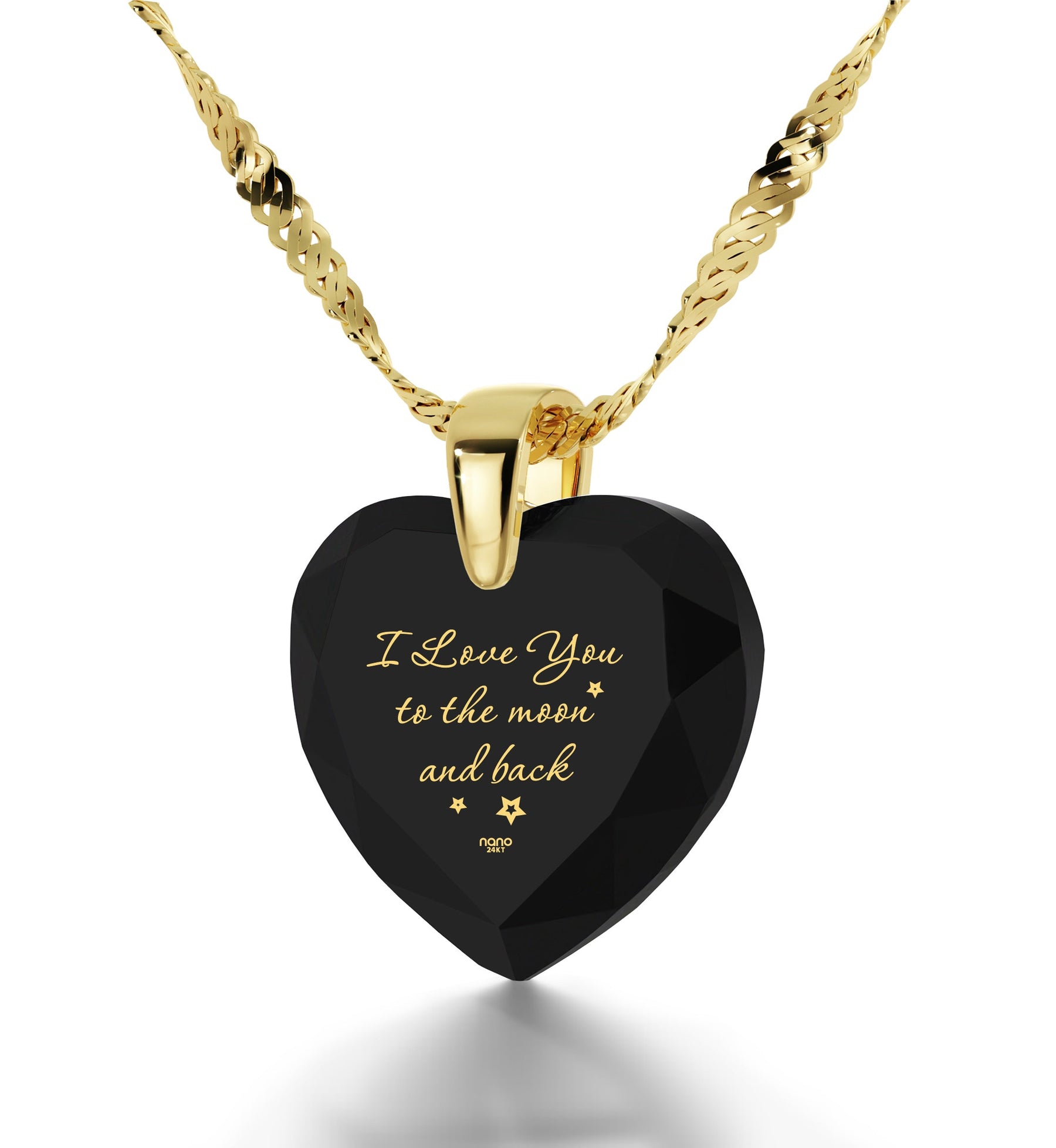 Gold Plated Silver I Love You to The Moon and Back Necklace 24k Gold Inscribed Heart Cubic Zirconia Pendant