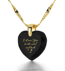 Gold Plated Silver I Love You to The Moon and Back Necklace 24k Gold Inscribed Heart Cubic Zirconia Pendant