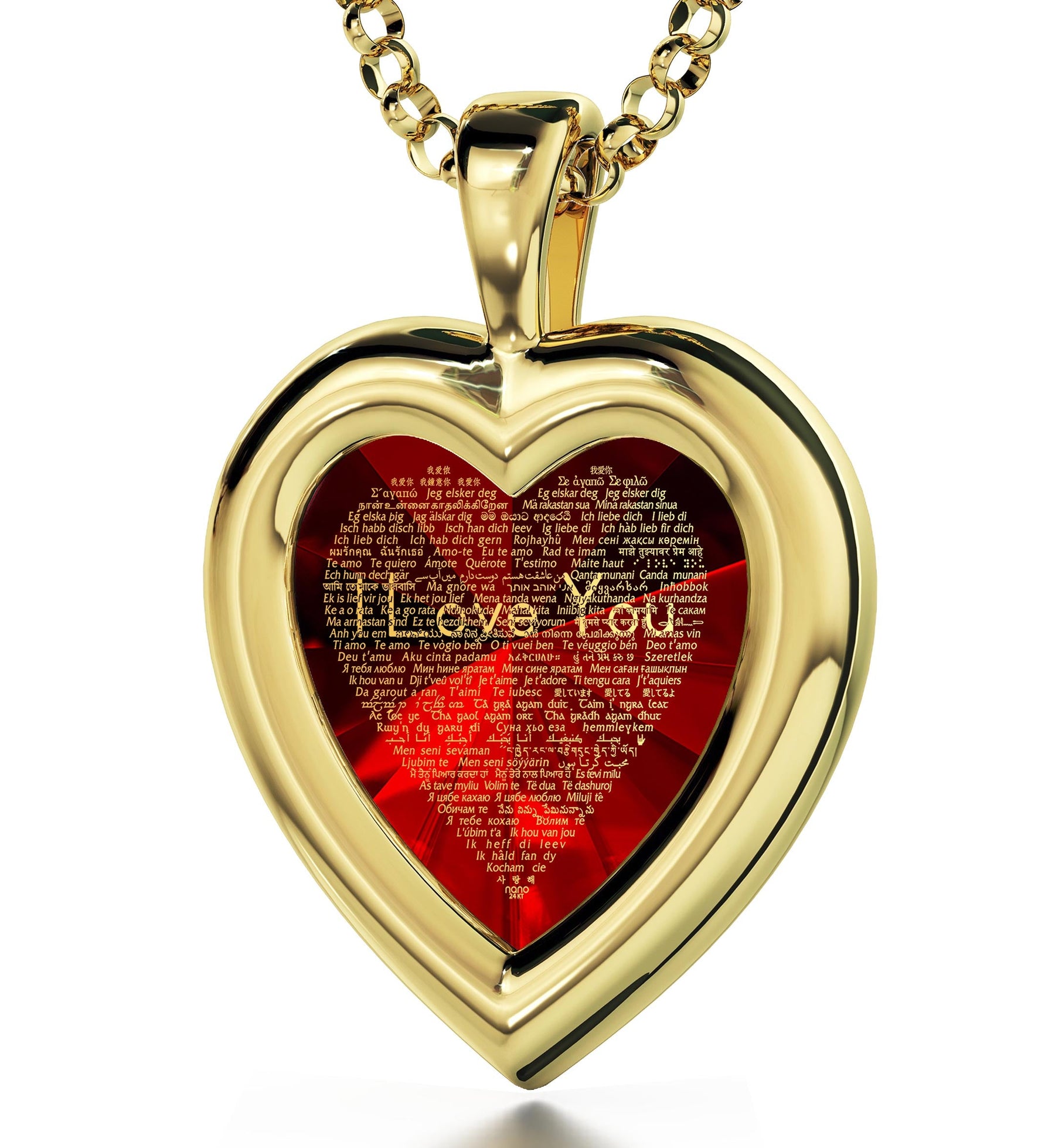 Gold Plated Silver Heart Pendant I Love You Necklace 120 Languages 24k Gold Inscribed