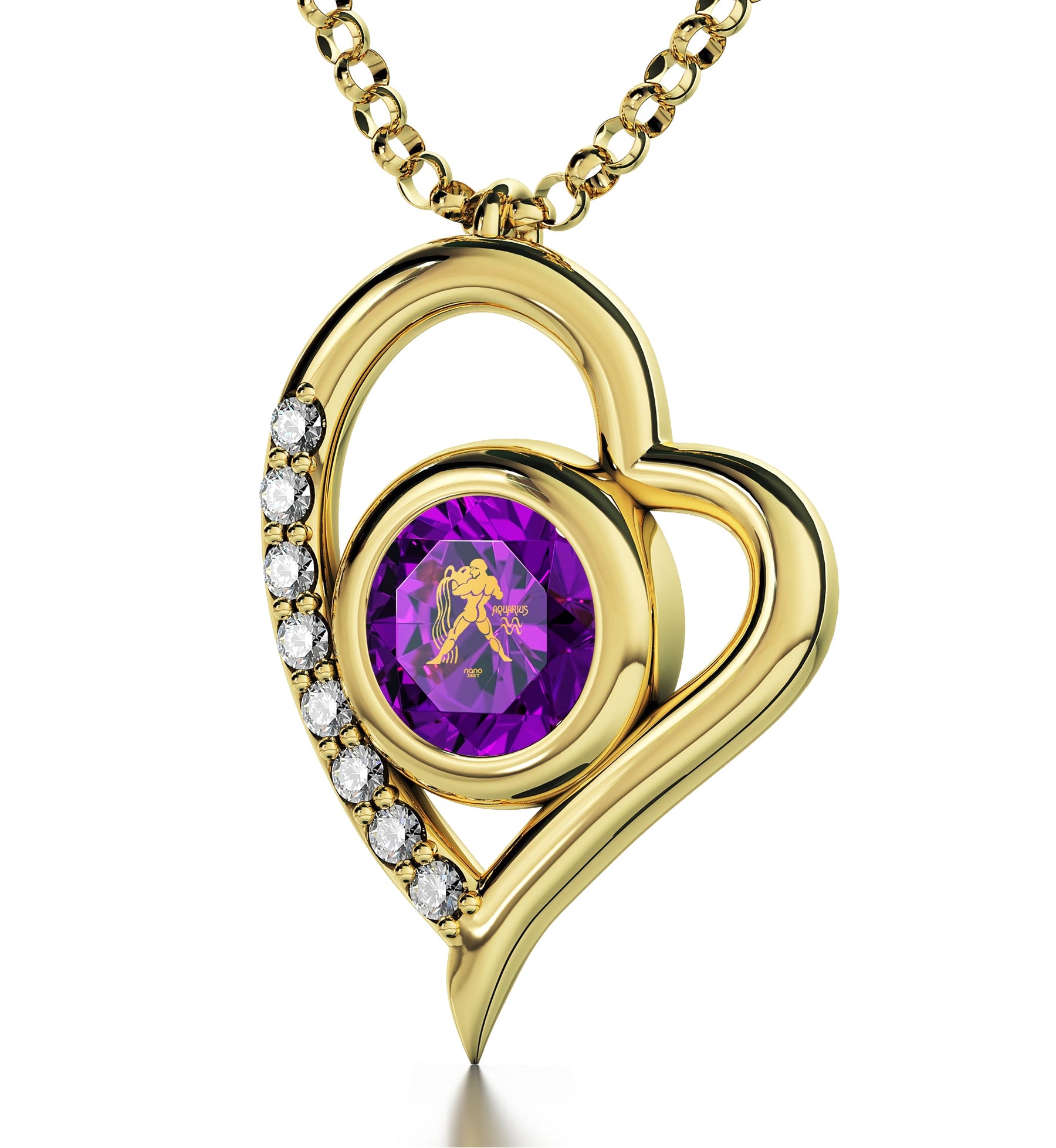 Gold Plated Silver Zodiac Heart Pendant Aquarius Necklace 24k Gold inscribed on Crystal