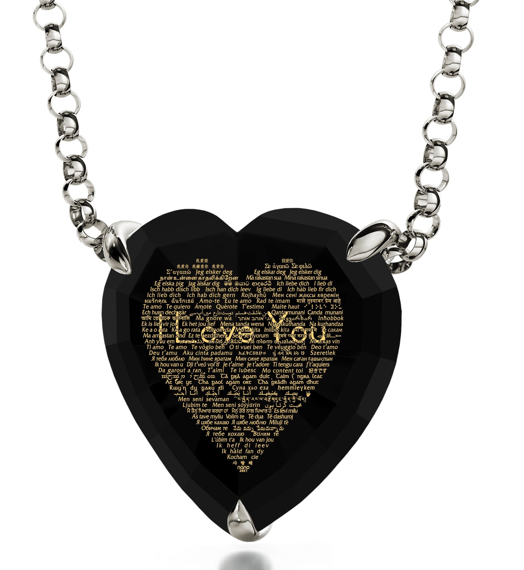 925 Sterling Silver Heart Necklace 24k Gold Inscribed I Love You in 120 Languages