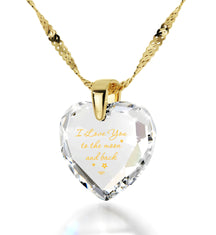 Gold Plated Silver I Love You to The Moon and Back Necklace 24k Gold Inscribed Heart Cubic Zirconia Pendant