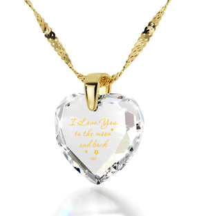 Gold Plated Silver I Love You to The Moon and Back Necklace 24k Gold Inscribed Heart Cubic Zirconia Pendant