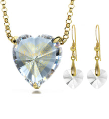 Gold Plated Silver Heart Jewelry Set 120 Languages I Love You Necklace and Crystal Earrings