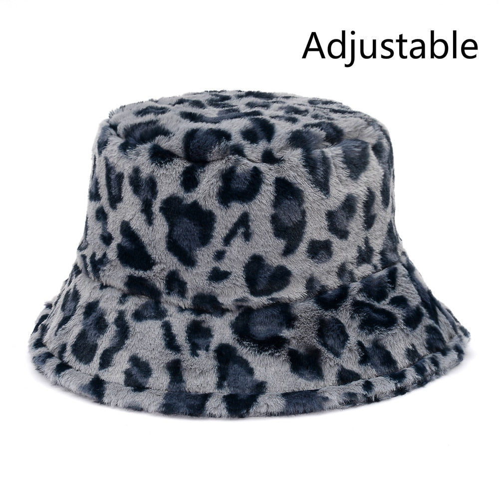 Winter Cow Leopard Faux Fur Fluffy Bucket Hats