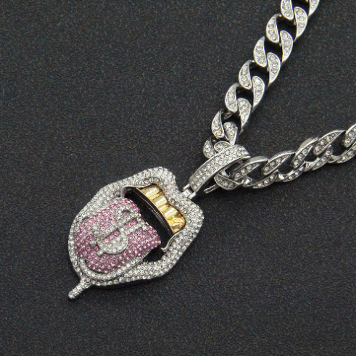 Dollar Tongue Shape Pendant with Pink Crystal Cuban Chain