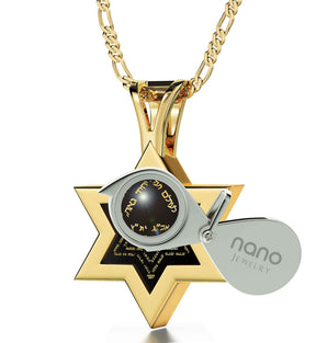 Men's Star of David Necklace Ana Bekoach Kabbalah Pendant 24k Gold Inscribed on Onyx Stone