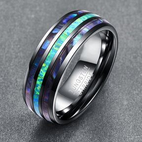 Blue Faux Opal Shell Inlay Tungsten Carbide Ring