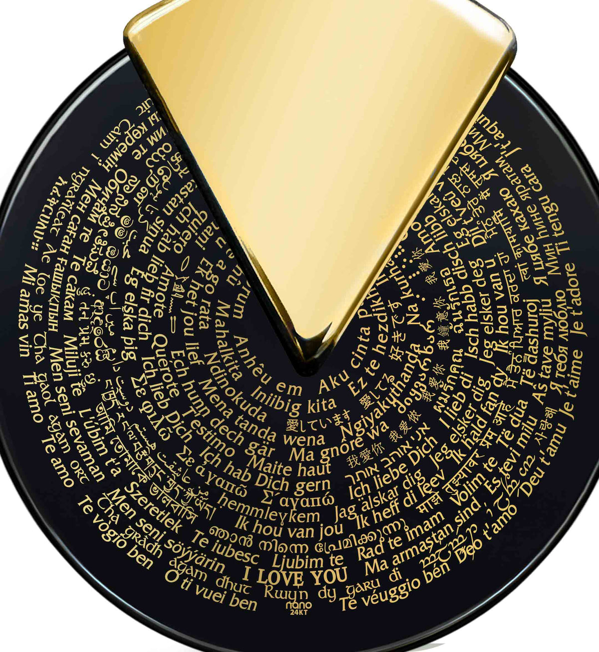 I Love You Necklace in 120 Languages 24k Gold Inscribed on Spinning Round Onyx