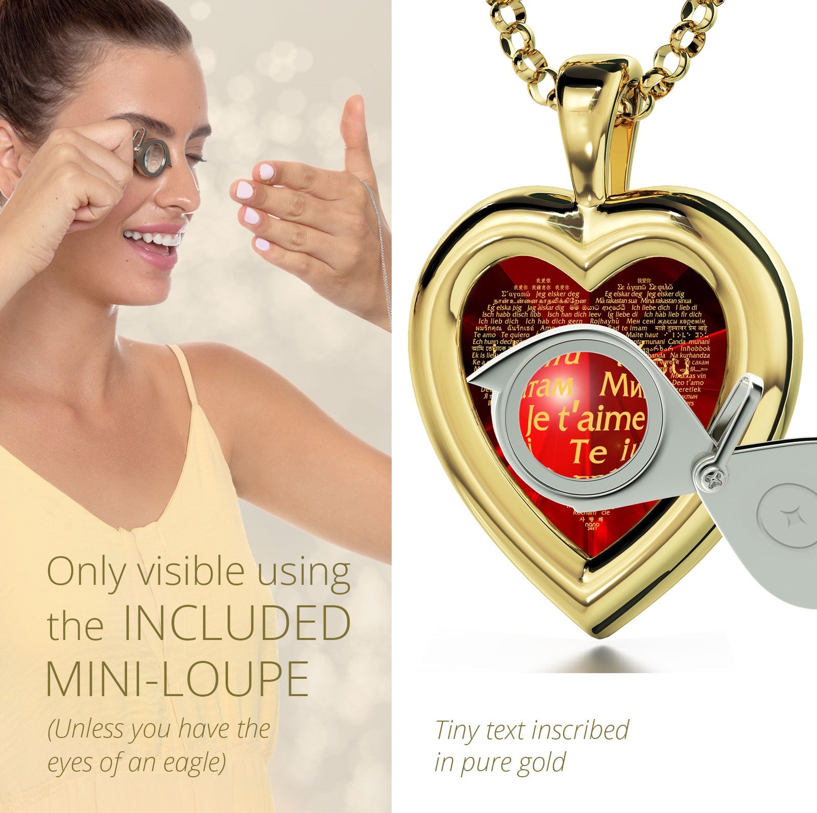 Gold Plated Silver Heart Pendant I Love You Necklace 120 Languages 24k Gold Inscribed