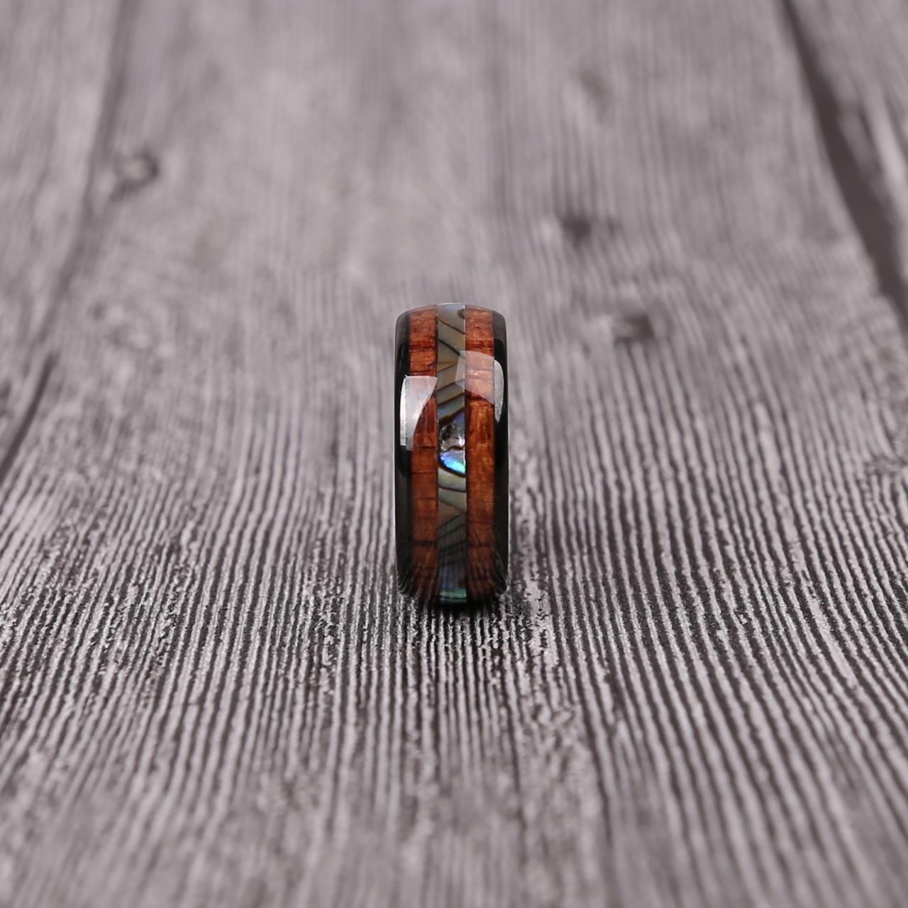 Black Tungsten Abalone and Koa Wood Ring