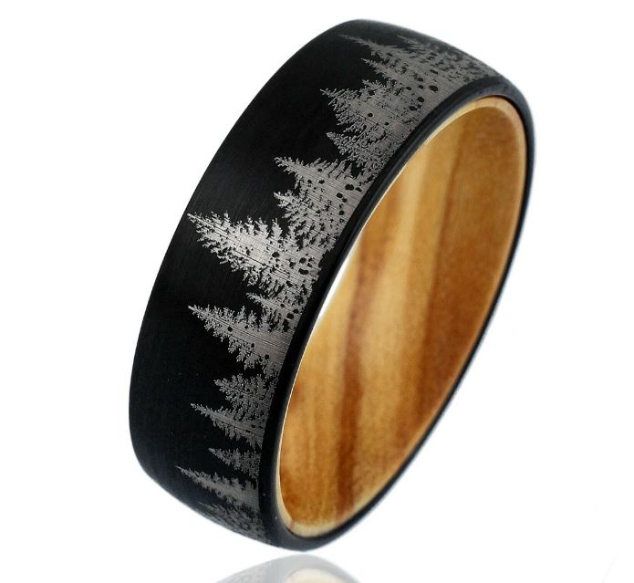 Black Etched Tree Line Wood and Tungsten Ring