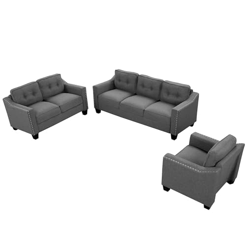 UBGO Living Room Furniture, 3 Pieces Set Includes Three Seater, lovesea, Chair,Polyester-Blend Upholstered Sofas & Couches for Apartment, Home, Gray