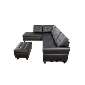 Devion Furniture Faux Leather Sectional Sofa with Ottoman in Black (Pillows Included)