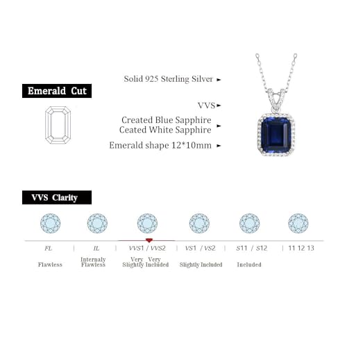 7.40 Cttw Lab-Grown Blue Sapphire 16/17/18 Inch Pendant Necklace For Women Emerald Cut Blue Sapphire with White Sapphire Halo 14K White Gold Over Silver Comes With Gift Box