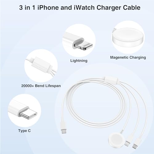 QZIIW Apple Watch Charger Cable, USB C Magnetic Watch Charging Cable, 3 in 1 Apple iWatch Charging Cable 6 FT, Compatible with Apple Watch Series 9/8/7/6/SE/5/4, iPhone 15/14/13/12/11, ipad Etc.