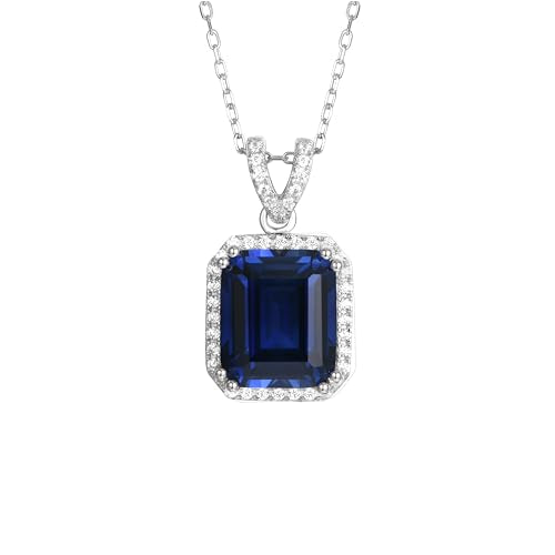 7.40 Cttw Lab-Grown Blue Sapphire 16/17/18 Inch Pendant Necklace For Women Emerald Cut Blue Sapphire with White Sapphire Halo 14K White Gold Over Silver Comes With Gift Box