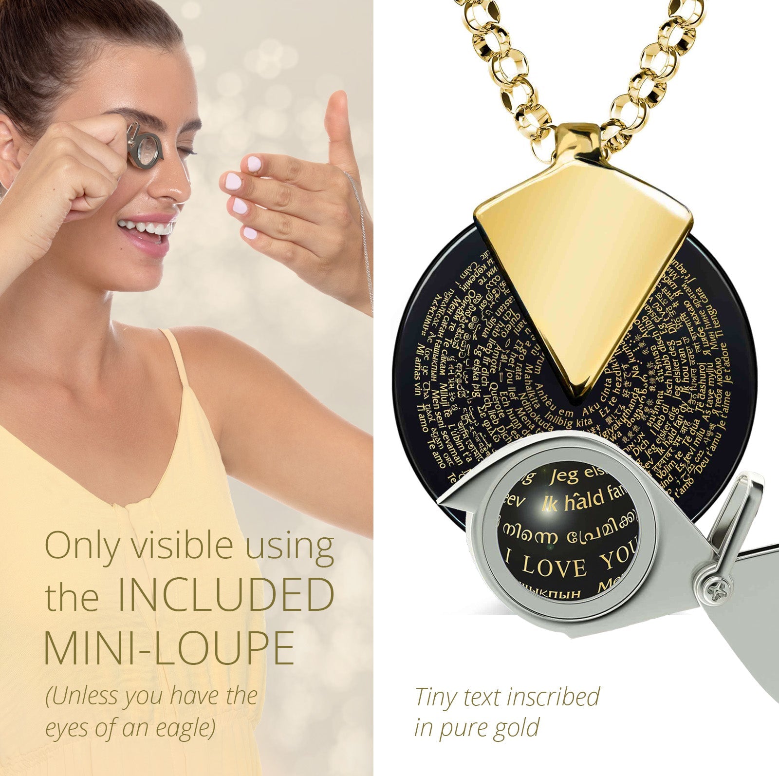 I Love You Necklace in 120 Languages 24k Gold Inscribed on Spinning Round Onyx