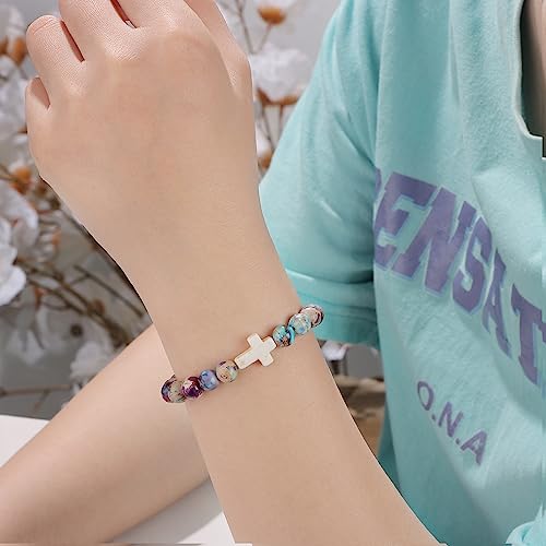 JoycuFF Christian Cross Bracelet for Women Girls Faith Religious Gifts for Women Jesus Easter Catholic Christian Jewelry, Meaningful Communion Baptism Natural Stone Gifts