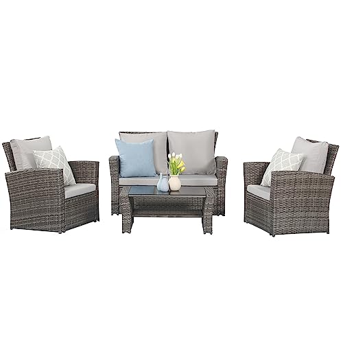 Wisteria Lane 4 Piece Outdoor Patio Furniture Sets, Wicker Conversation Set for Porch Deck, Gray Rattan Sofa Chair with Cushion