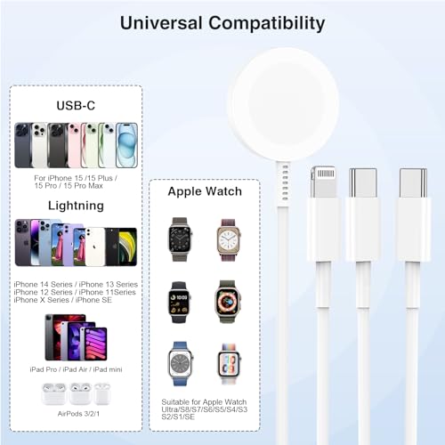 QZIIW Apple Watch Charger Cable, USB C Magnetic Watch Charging Cable, 3 in 1 Apple iWatch Charging Cable 6 FT, Compatible with Apple Watch Series 9/8/7/6/SE/5/4, iPhone 15/14/13/12/11, ipad Etc.