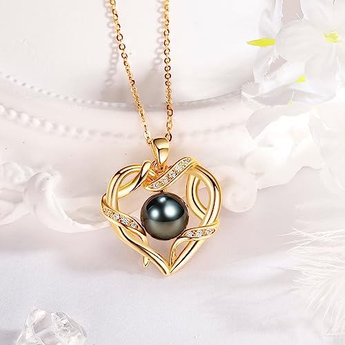 NONNYL Christmas Gifts for Women- Tahitian Black Pearl- Heart Necklace- Wife Mom Girlfriend Her- Anniversary Birthday- Mothers Day Valentine's Day Jewelry Gifts Real 9-10mm Pearl Pendant