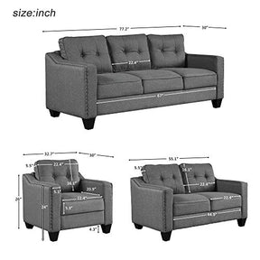 UBGO Living Room Furniture, 3 Pieces Set Includes Three Seater, lovesea, Chair,Polyester-Blend Upholstered Sofas & Couches for Apartment, Home, Gray