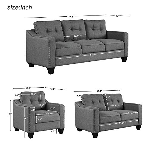 UBGO Living Room Furniture, 3 Pieces Set Includes Three Seater, lovesea, Chair,Polyester-Blend Upholstered Sofas & Couches for Apartment, Home, Gray