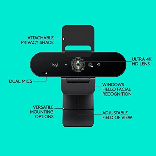 Logitech Brio 4K Webcam, Ultra 4K HD Video Calling, Noise-Canceling mic, HD Auto Light Correction, Wide Field of View, Works with Microsoft Teams, Zoom, Google Voice, PC/Mac/Laptop/MacBook/Tablet