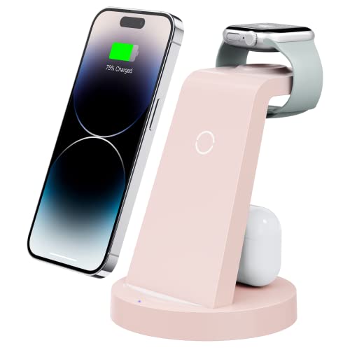 Anlmz 3 in 1 Charging Station for iPhone, Wireless Charger for iPhone 15 14 13 12 11 X Pro Max & Apple Watch - Charging Stand Dock for AirPods (Pink)