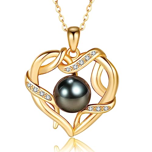 NONNYL Christmas Gifts for Women- Tahitian Black Pearl- Heart Necklace- Wife Mom Girlfriend Her- Anniversary Birthday- Mothers Day Valentine's Day Jewelry Gifts Real 9-10mm Pearl Pendant