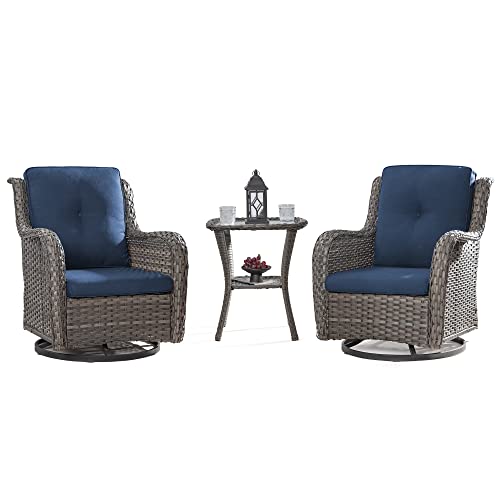 MeetLeisure Outdoor 360 Degree Swivel Rocker Patio Chairs Sets of 2 and Matching Side Table - 3 Piece Patio Wicker Glider Chairs with Olefin Cushions(Mixed Grey/Blue)