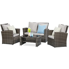 Wisteria Lane 4 Piece Outdoor Patio Furniture Sets, Wicker Conversation Set for Porch Deck, Gray Rattan Sofa Chair with Cushion