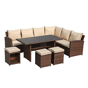 Yangming Outdoor Patio Furniture Set, 7 Piece Sectional Clearance Sets Dining Table Rattan Chairs Wicker Couch Conversation Seating Sofa with Ottomans for Deck, Backyard, Porch, Lawn, Garden (Brown)