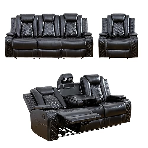 Beverly Fine Funiture Katie 3 Piece Faux Leather Power Recliner Living Room Set (Sofa, Loveseat, and Chair), Black