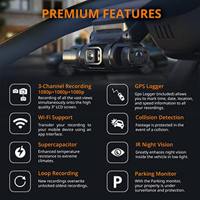 RexingUSA S3 Dash Cam for Rideshare Drivers - Front, Cabin & Side 1080p Cameras, Wi-Fi, GPS, Infrared Night Vision, Parking Mode, Loop Recording, 256GB Support