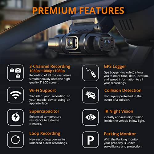 RexingUSA S3 Dash Cam for Rideshare Drivers - Front, Cabin & Side 1080p Cameras, Wi-Fi, GPS, Infrared Night Vision, Parking Mode, Loop Recording, 256GB Support