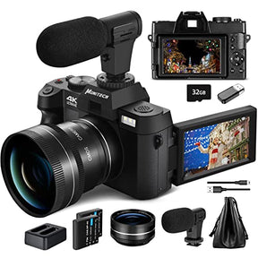 Mo Digital Cameras for Photography & 4K Video, 48 MP Vlogging Camera for YouTube with 180° Flip Screen,16X Digital Zoom,Flash & Autofocus,52mm Wide Angle & Macro Lens,2 Batteries,32GB SD Card