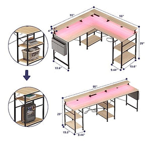 Tbfit L Shaped Desk, Reversible Corner Computer Desk with Power Outlet and LED Strip, Gaming Computer Desk with Monitor Stand and Storage Shelf, 2 Person Long Writing Study Table, Oak