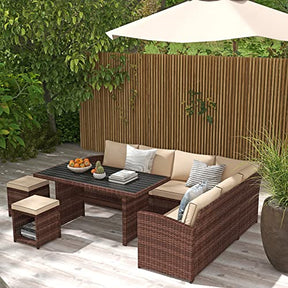 Yangming Outdoor Patio Furniture Set, 7 Piece Sectional Clearance Sets Dining Table Rattan Chairs Wicker Couch Conversation Seating Sofa with Ottomans for Deck, Backyard, Porch, Lawn, Garden (Brown)