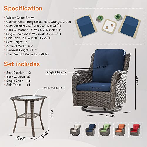 MeetLeisure Outdoor 360 Degree Swivel Rocker Patio Chairs Sets of 2 and Matching Side Table - 3 Piece Patio Wicker Glider Chairs with Olefin Cushions(Mixed Grey/Blue)