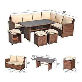 Yangming Outdoor Patio Furniture Set, 7 Piece Sectional Clearance Sets Dining Table Rattan Chairs Wicker Couch Conversation Seating Sofa with Ottomans for Deck, Backyard, Porch, Lawn, Garden (Brown)